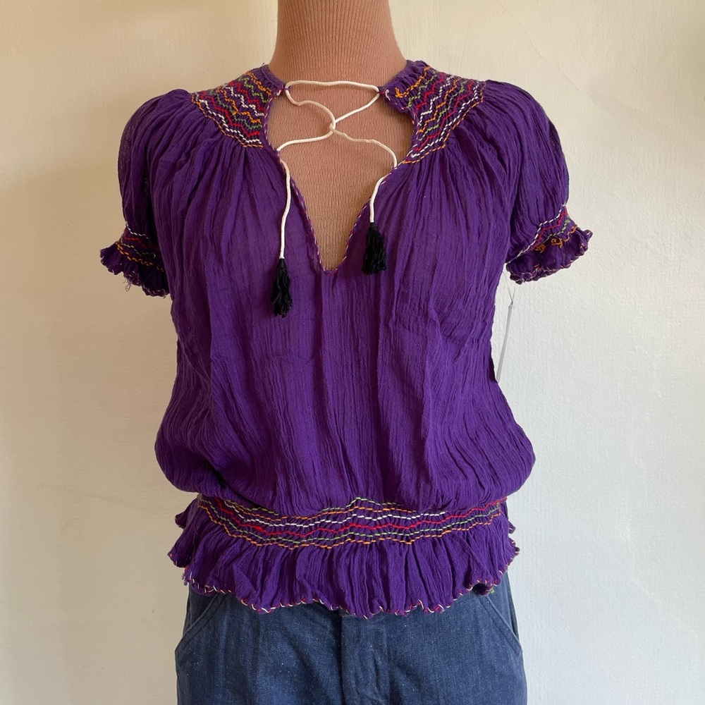 60s 70s DEADSTOCK Indian Gauze Sheer Embroidered Peasant Top w/ Rainbow Stitch